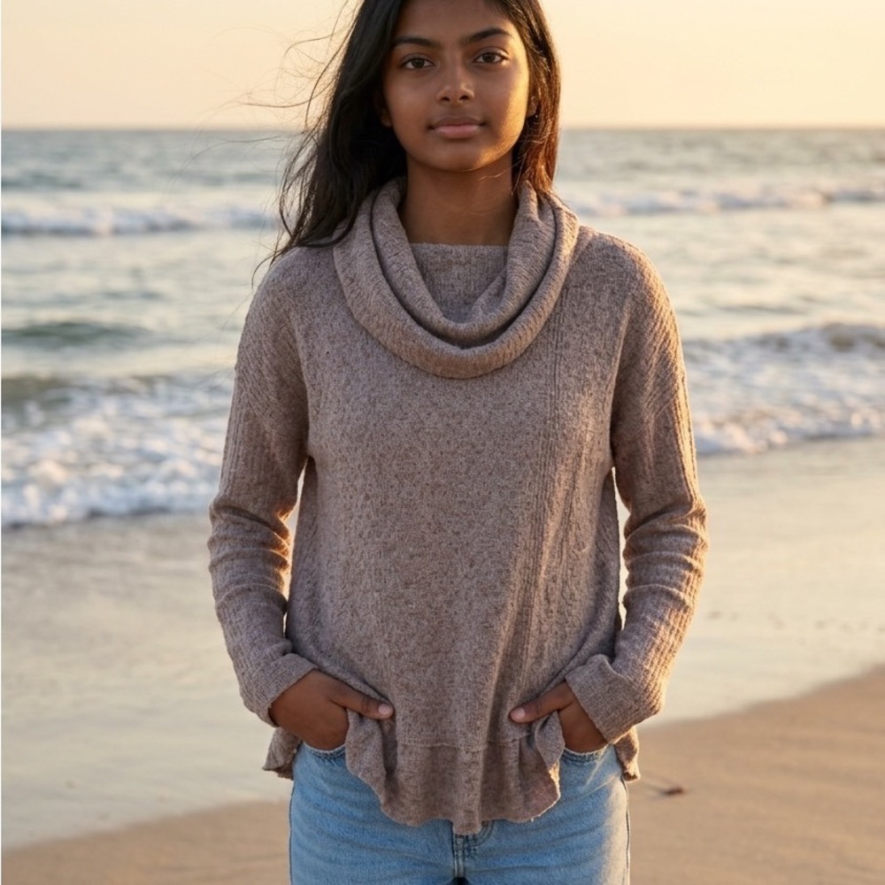 Maeve Anthropologie Womens S Mauve Cowl Neck Ruffle Hem Knit Sweater Top Cottage